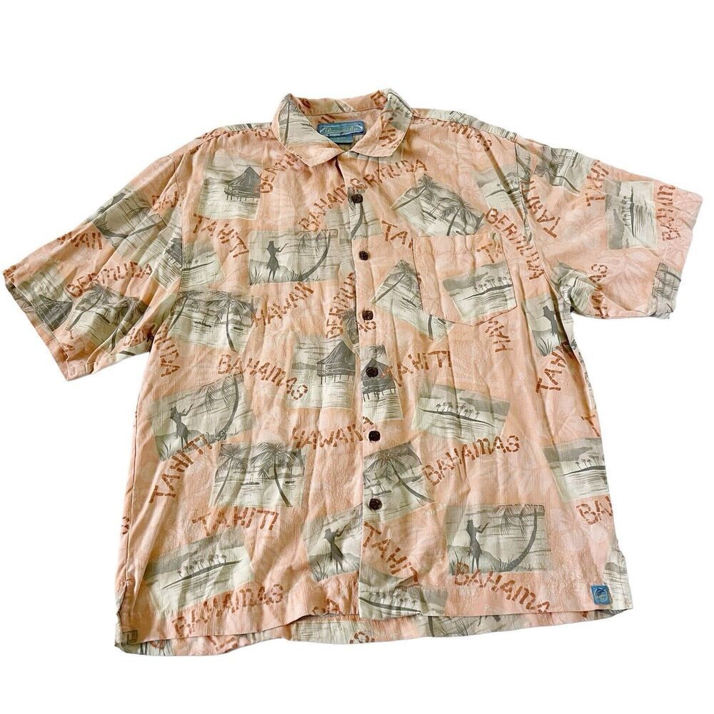 Bermuda Bay Hawaiian Tropical Island Button Up Down Shirt XL X-Large 100% Silk